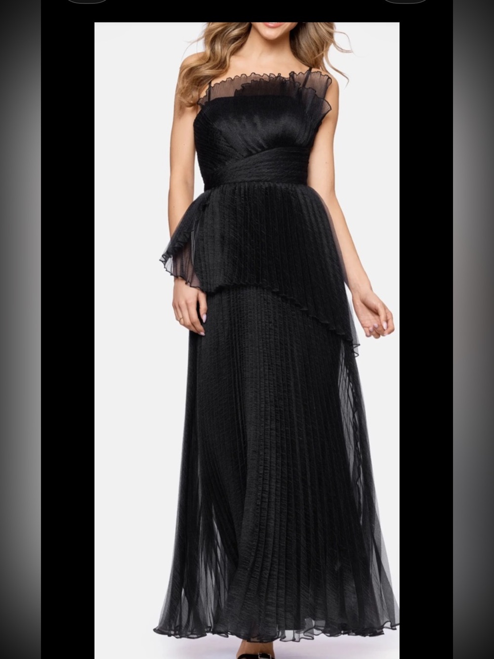 Betsy&Adam Organza Pleated Strapless Gown, Black,sz 8, New Without Tag,$319